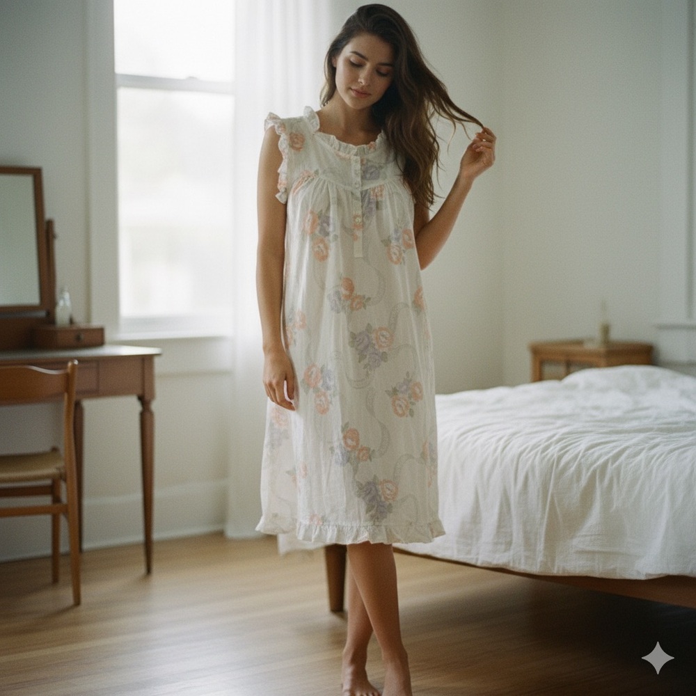 Vintage Carven Paris Floral ruffle cap sleeve night gown small